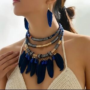 Feather necklace with earrings.  Handmade